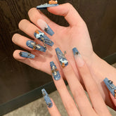 Vintage Denim Style Spicy Girl Black cat Long Handmade Nail Tips