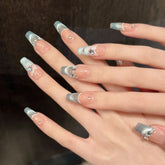 High-end Blue French Cat-eye Checkered Ice Translucent Skin-brightening Handcrafted Nail Extensions