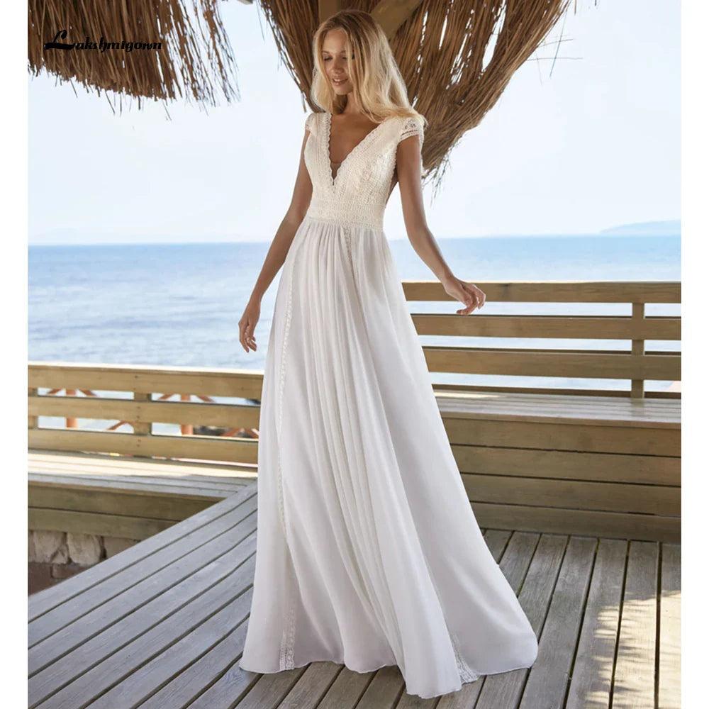 NumberSea-Simple Bohemian Wedding Dress Cap Sleeve V-Neck Floor Length Chiffon A-Line Bridal Gowns With Charming For Women