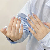 New Style Sweet Blue Bow Detachable Nail Art Handmade Acrylic Reusable Glue Realistic Stick on Nails