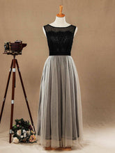 Vestido de dama de honor de encaje con mezcla de tul y largo hasta la rodilla, corte en A, escote barco, colores a juego