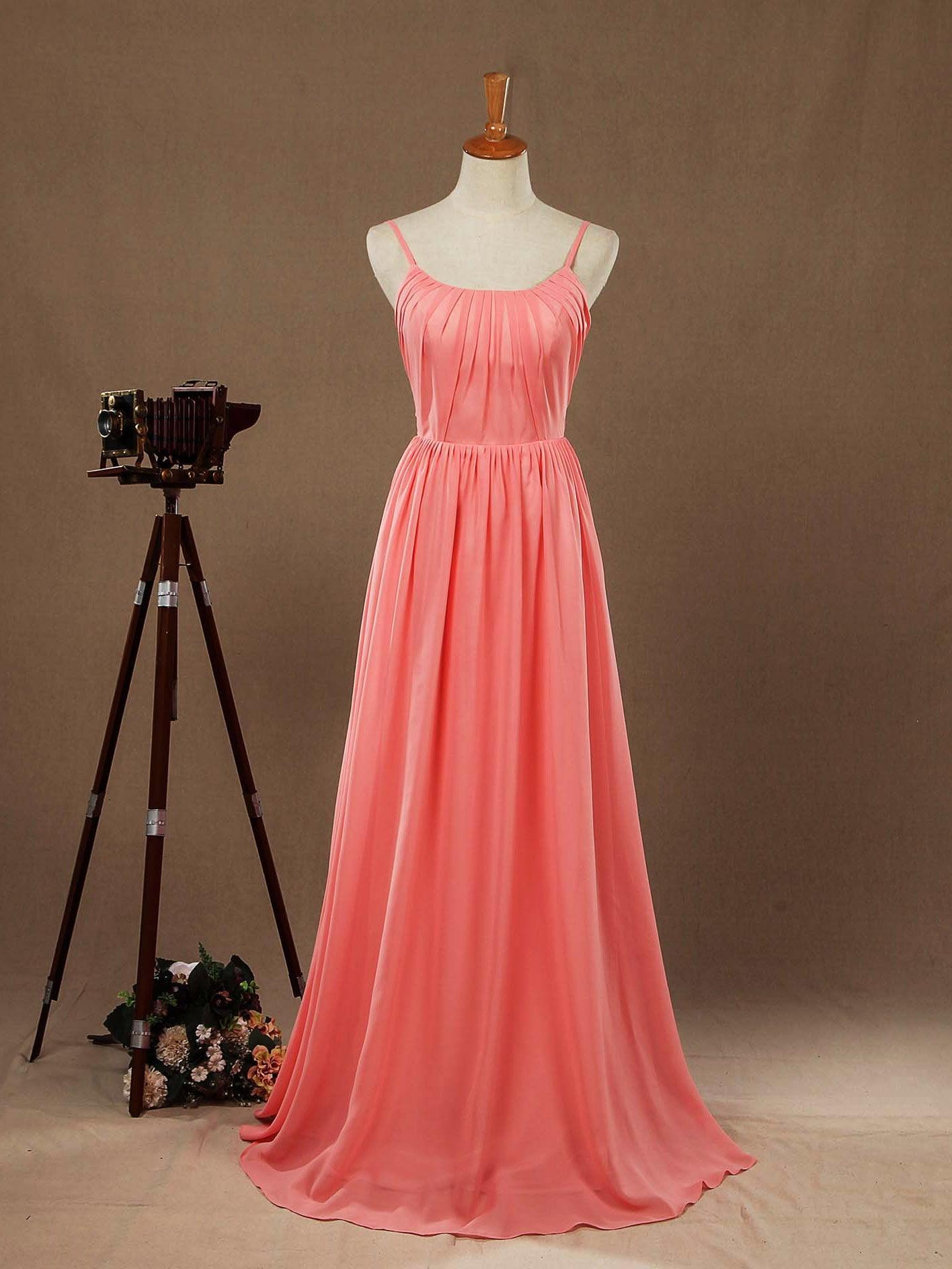 NumberSea-A-Line Scoop Neck Spaghetti Straps Floor Length Chiffon Bridesmaid Dress with Ruching 10 / Coral NumberSea-A-Line Scoop Neck Spaghetti Straps Floor Length Chiffon Bridesmaid Dress with Ruching 10 / Coral