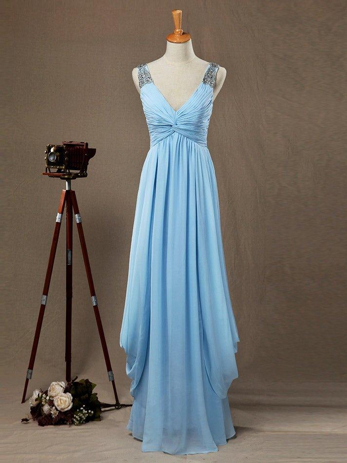 NumberSea-Numbersea Sheath / Column V-neck Floor Length Chiffon Prom Evening Dress with Side Draping Criss Cross Beading