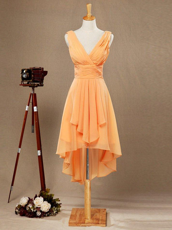 Calm A-Line Deep V-Neck Flutter-Sleeve Open-Back Dusty Blue Chiffon High-Low Bridesmaid Dresses main image 1