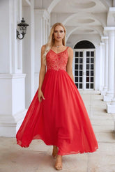 Ladies Spaghetti Strap V Neck Lace Floor Length Bridesmaid Evening Dress Prom Wedding Sea28111