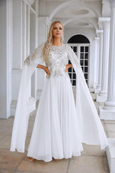 Ladies Chiffon Embroidery Wide Sleeve Floor Length Bridesmaid Evening Dress Prom Wedding Party