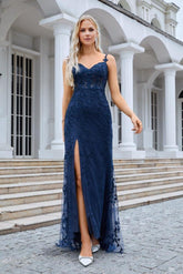 Ladies Spaghetti Strap Embroidery Front Slit Length Bridesmaid Evening Dress Party Wedding Beach Dress 28092 - numbersea