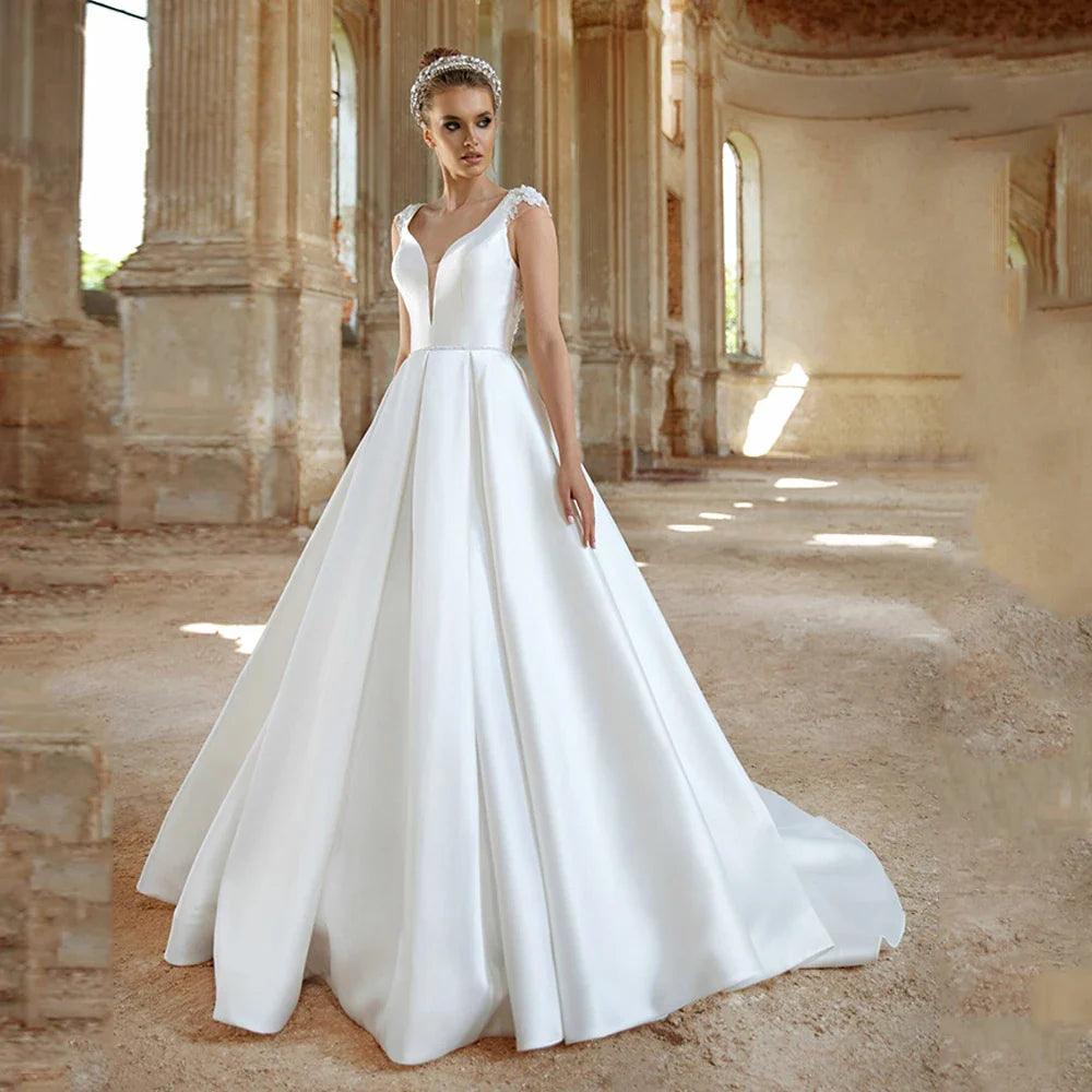 NumberSea-Satin Wedding Dress New Arrival Cap Sleeve V Neck Beading Belt  Back A Line Bridal Dresses
