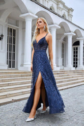 Ladies Spaghetti Strap Embroidery V Neck Front Slit Bridesmaid Dress Party Wedding Evening Dress SEA28089 - numbersea