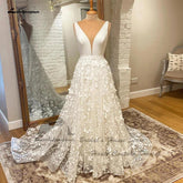 Vestido de novia bohemio de lujo con encaje floral de NumberSea para playa, verano 2025, vestidos de novia civil, escote en V pronunciado.