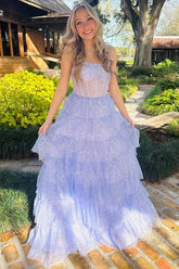 Lavender Tulle Sequin Ruffle Tiered Long Prom Dress Formal Dress