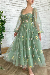 Light Green Embroidered Tulle dress Evening Dress Puffy Long Sleeve