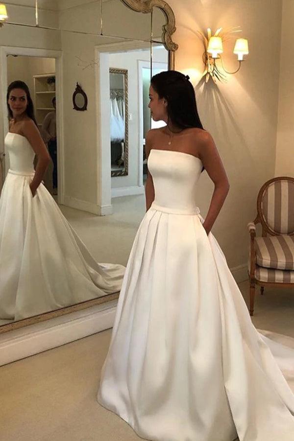 A-Line Satin Wedding Dress with Pockets,Strapless Simple Wedding Gown,WD00620, US4 / Ivory A-Line Satin Wedding Dress with Pockets,Strapless Simple Wedding Gown,WD00620, US4 / Ivory