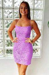 Mermaid Purple Bodycon Lace Up Short Lace Homecoming Dress PD473