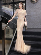 Women's Mermaid Evening Dress Long V-Neck Prom Dresses Beaded Formal Dresses - numbersea