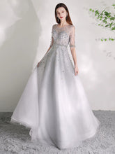 Women's A-Line Evening Dress Beaded Sexy Prom Dresses Half Sleeve Formal Dresses for Women - numbersea