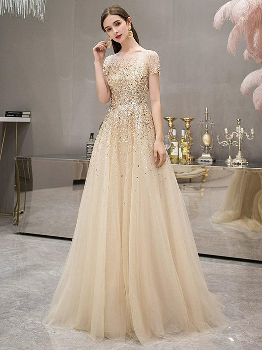 Gold Evening Dress High Elegant Party Long Evening Gown - numbersea