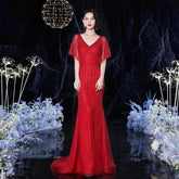 Women's V-Neck Evening Dress Sexy Prom Dresses Beaded Formal Dresses for Women - numbersea