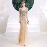 Women's Mermaid Evening Dress Long V-Neck Prom Dresses Beaded Formal Dresses - numbersea