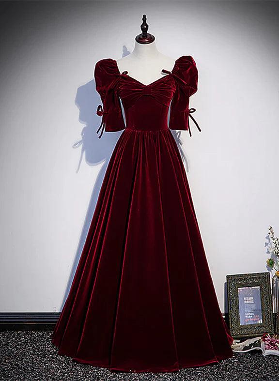NumberSea-Wine Red Short Sleeves A-line Long Party Dress, Wine Red Bridesmaid Dress US 8 / UK 12 / EU 38