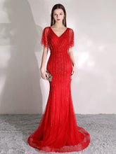 Women's Mermaid Evening Dress Long Sexy Prom Dresses Beaded V-Neck Formal Dresses - numbersea