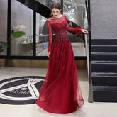 Women's A-Line Evening Dress Sexy Prom Dresses Long Sleeve Beaded V-Neck Formal Dresses - numbersea