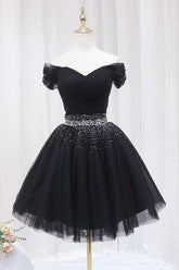 Off The Shoulder Black Homecoming Dress Tulle Short Prom Dress