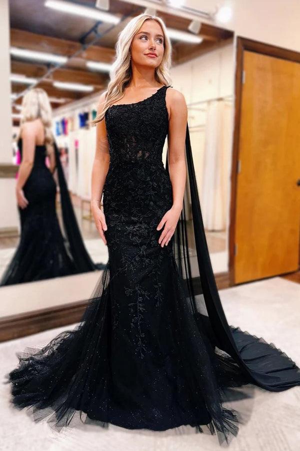 one shoulder black prom dress NumberSea-One Mermaid Lace Formal Gown PSK567 Satin bow detail dress black or formal the asymmetrical shirt dress Size:1.5