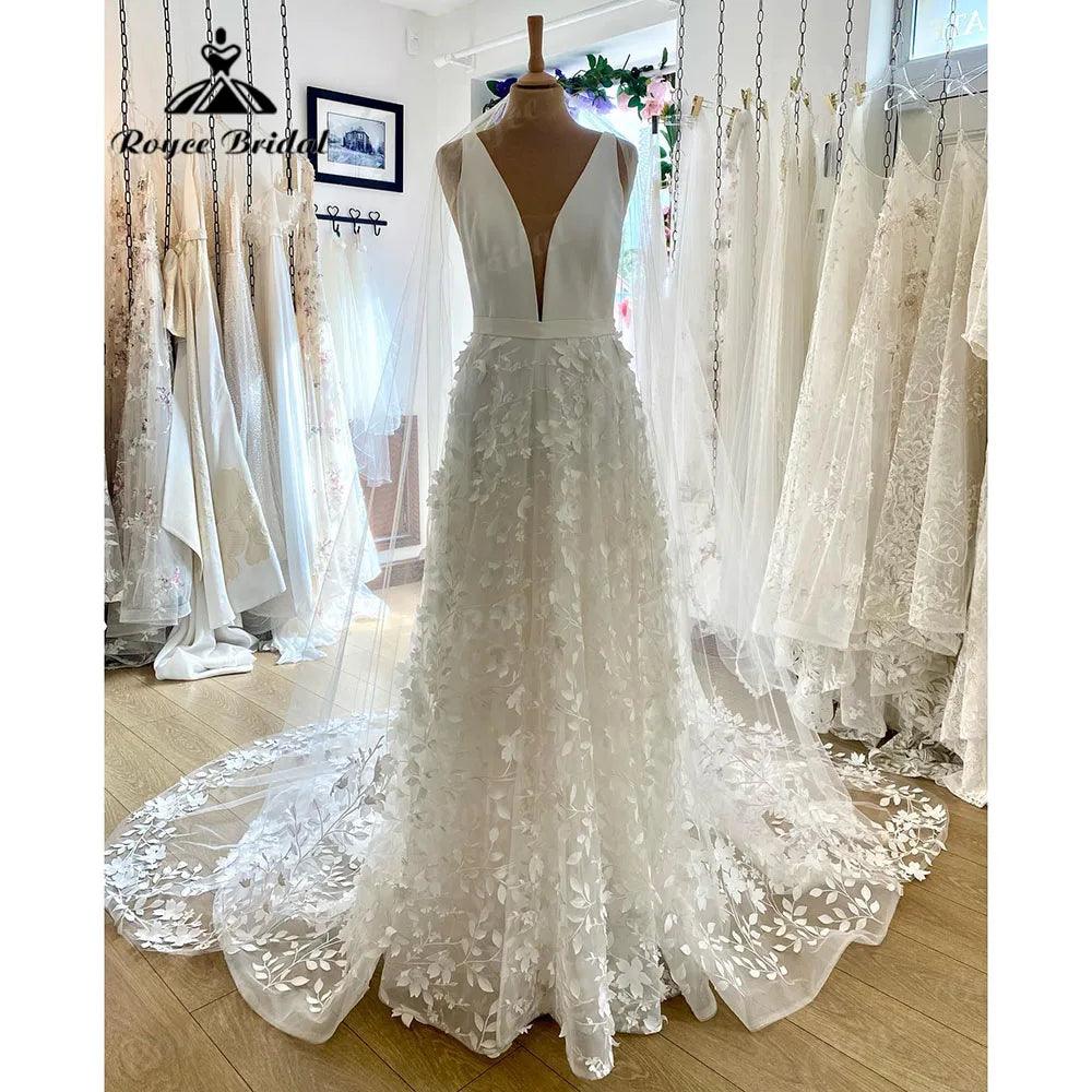 NumberSea-Plunging Lace Floral Deep V Neck Lace Boho Wedding Gown for Women 2024 Garden Wedding Dress for Bride Backless vestido de noiva