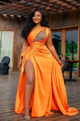 Plus Size Prom Dresses One Shoulder Beaded Crystals With Ribbon High Split 