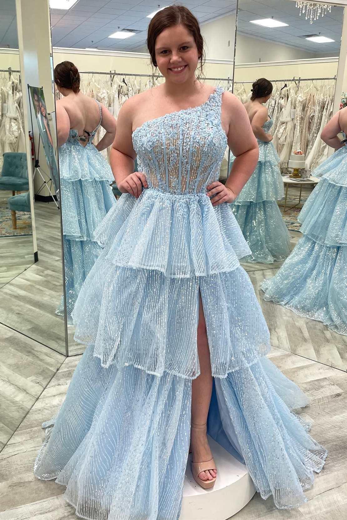 NumberSea-Plus Size Prom Dress One-Shoulder Lace Tiered Long with Slit