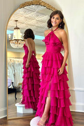 Pretty Halter Neck Ruffle Fuchsia Long Prom Dress