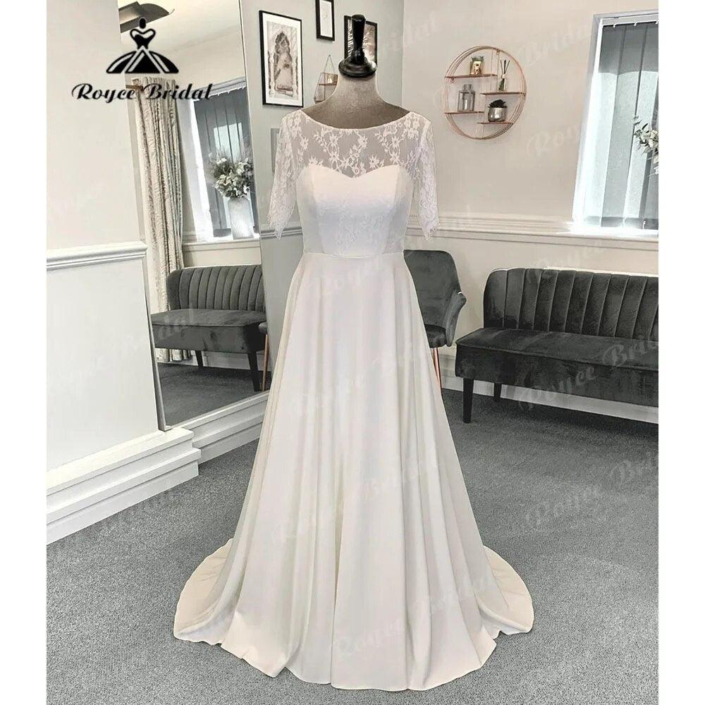 NumberSea-Robe Mariee A Line Boho Lace Bodice Soft Satin Wedding Gown with Short Sleeve 2024 Bridal Wedding Dress vestido de noiva simples NumberSea-Robe Mariee A Line Boho Lace Bodice Soft Satin Wedding Gown with Short Sleeve 2024 Bridal Wedding Dress vestido de noiva simples