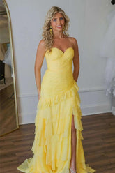 Ruched Ruffle Fitted Yellow Long Prom Dress with Slit PSK576