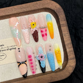 10pcs Summer Dopamine Handmade Fake Nails Hand Ice-carved Large Water Lily Press On Nails Colorful French Long Almond False Nail