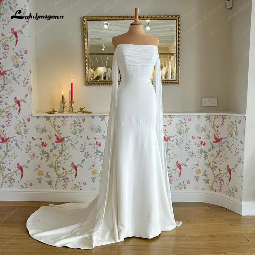 NumberSea-NumberSea NumberSea Detachable Off Shoulder Sleeves Stretch Crepe Mermaid Plus Size Wedding Dresses Elegant Ruched Bridal Gowns