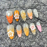 10pcs French Style Handmade False Nails Painted Almond 3D Flowers Decor Press On Nails Orange Wearable Fake Nail Summer Manicure