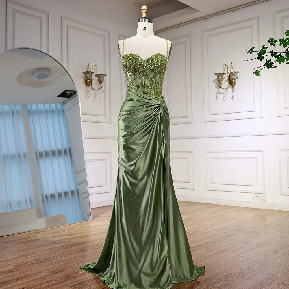 sage green satin prom dress Luxury Sage Green Satin Prom Dress with Slit LA73032 – NumberSea