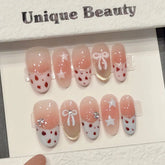 10pcs Cute Short Almond Press On Nails White Edge Leopard Print French Style Handmade False Nails Bowknots Star Blush Fake Nail