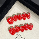 10pcs Red Strawberry Press On Nails Sweet Handmade Short Round False Nail Patches Glossy Cat's Eye Wearable Fake Nails Tips