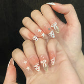 10pcs Y2k Bowknot Star Press On Nails Sweet Blush Pink Leopard Print French Style Handmade False Nail White Edge Almond Manicure