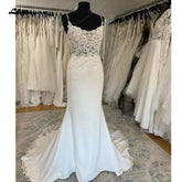 Vestido de novia bohemio de sirena con escote en V y tirantes finos, corte sirena, corte sirena, corte en V, con apliques de encaje, estilo bohemio, NumberSea 2025
