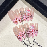 10pcs Pink French Fake Nail Patches Handmade Long Almond Press On Nails Leopard Print Metal Chain Designs False Nail Tips Art