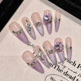 10pcs Purple French Style Fake Nail Patches Handmade Long Stiletto Press On Nails Glitter Rhinestone Designs Korean False Nail