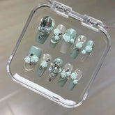 10pcs 3D Flower Press On Nails Handmade Gradient Freen False Nail Patches Medium Length Square Fake Nail Tips Wearable Manicure