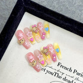 10pcs Handmade Press On Nails Pink Yellow French Style Long Coffin False Nails 3D Cute Cat Bowknots Decor Fake Nail Manicure Art