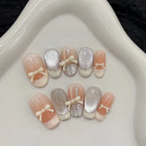 10pcs Sweet Ballet Style Handmade Fake Nails Bowknots Ribbon Cream French Tips Press On Nail Blush Shiny Cat's Eye False Nails