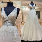 NumberSea NumberSea Tiefer V-Ausschnitt Boho Glitzer Hochzeitskleid Spitzenapplikationen Vestito Donna Sexy Braut Strand Hochzeitskleider Rückenfrei