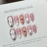 10pcs White Rabbit Press On Nails Handmade Pink Almond Fake Nail Patches With Gold Stripe Love Heart Decor Wearable False Nails