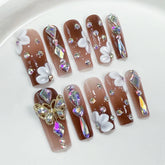 10pcs Glossy Coffin Handmade Press On Nails Gradient Brown White Flower Flash Butterfly Diamond False Nail Luxury Fake Nails